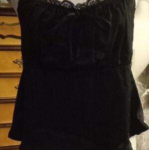 New,tag,satin black baby doll lace trim cami, adjustable straps,empire size med.